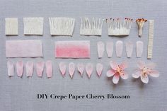 several different types of paper cherry blossoms on a gray surface with the words diy crepe paper cherry blossom