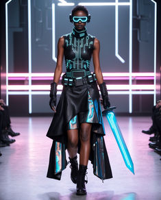 a model walks down the runway wearing futuristic garb and holding two large blue swords