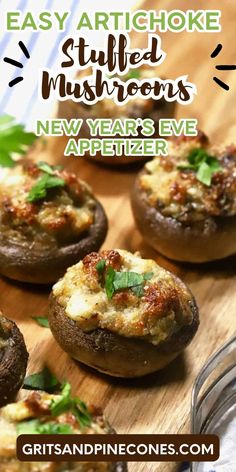 stuffed mushrooms with cheese and herbs on a cutting board