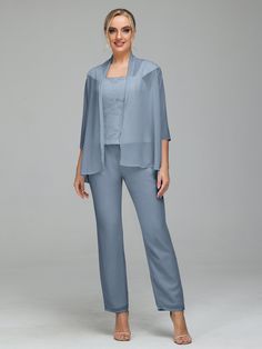 Dusty_Blue Chic Chiffon Sets For Spring, Fitted Chiffon Long Sleeve Sets, Fitted Chiffon Set With Long Sleeves, Fitted Chiffon Sets For Wedding Guests, Formal Sheer Chiffon Sets, Spring Chiffon Sets For Wedding Guests, Spring Wedding Guest Chiffon Sets, Chic Long Sleeve Chiffon Set, Chic Chiffon Long Sleeve Sets