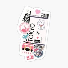 a sticker with the word tokyo written in different languages and pictures on it's side