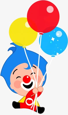 an image of a clown with balloons on his head and blue hair holding two red and yellow balloons