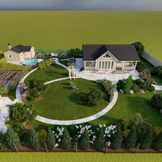 an artist's rendering of a house in the middle of a large lawn area