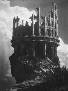 an old black and white photo of a castle on top of a hill with clouds in the background