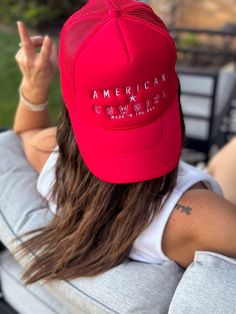 American Cowgirl - Red Trucker Hat - Cowgirl Hat - USA - 4th Of July - Western - Country - Retro - Vintage - Embroidered Foam Trucker Hat Stand out from the crowd with this trendy foam trucker hat! This head accessory is made with high-quality polyester and foam that guarantees a premium look and feel. The foam trucker hat has an adjustable snap that ensures a comfortable fit, and the mesh back provides great breathability. The matching color braid gives the hat an extra oomph. Style it with you Red Patriotic Hat, One Size Fits Most, American Style Red Hat For 4th Of July, Red Curved Bill Hat For Summer, Red Patriotic Summer Hat, Red Summer Hat With Curved Bill, Red Patriotic Trucker Hat With Curved Brim, Patriotic Red Snapback Hat With Curved Brim, Red Patriotic Snapback Hat With Curved Brim, Red Baseball Cap Trucker Hat For 4th Of July