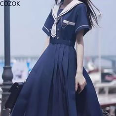 Dark Blue Sailor Dress. Never Worn. Bust Is 17.5 Inches Dresses Preppy, Dress Mid Length, Pleated Dresses, Preppy Dresses, Japanese Dress, Y2k Dress, Sailor Dress, Estilo Preppy, Sailor Collar