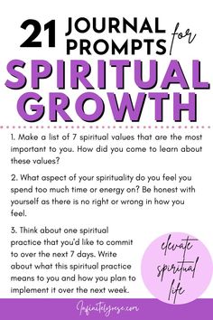 a purple and white poster with the words, 21 journal prompts for spiritual growth