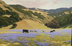 a painting of cows grazing in a field with mountains in the background and blue flowers on the ground