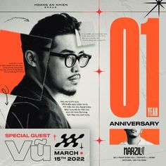 a poster for an event with a man in glasses and the number one on it