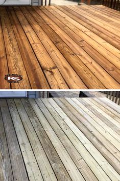 the before and after pictures of a deck that has been stained with varnishing