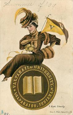 an old book cover with a woman sitting on top of a book and holding a flag