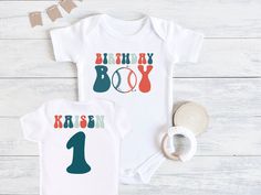 Baseball Birthday Baby Bodysuit, Baseball Birthday, Baby Bodysuit, First Birthday Outfit, Baseball Birthday Shirt, Birthday Boy Shirt 💗  Welcome to The WildflowerbyMiley Etsy Shop!  This listing is for the bodysuit, sweatshirt or t-shirt only. All other items that are shown in our photos such as shoes, hats, beanies, blankets etc. are for photo staging purposes and are NOT INCLUDED in the sale. DESCRIPTION:  This baby and children's unisex essential fits like a well-loved favorite. Super soft t Graphic Print Short Sleeve Onesie For Birthday, Playful Onesie With Graphic Print For Birthday, Playful Graphic Print Onesie For Birthday, Summer Birthday Onesie With Graphic Print, Graphic Print Onesie For Summer Birthday, Graphic Print Onesie For Birthday In Summer, Playful Letter Print Onesie For Birthday, White Graphic Print Onesie For Birthday, First Birthday Baseball