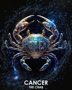 a blue crab sitting on top of a black background with stars in the sky behind it