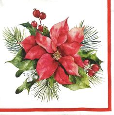 watercolor poinsettia with pine needles and berries