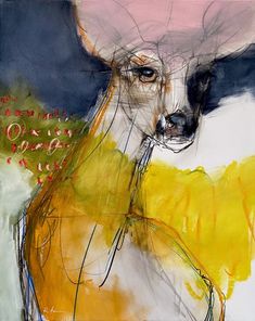 an abstract painting of a deer wearing a pink hat and yellow dress with red flowers