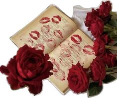 an open book with red roses on it and a bouquet of flowers next to it