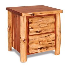 a wooden table with three drawers and two handles on each drawer, made out of logs