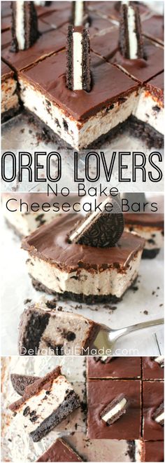 oreo lovers cheesecake bars are stacked on top of each other