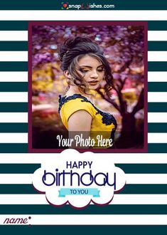 a happy birthday card with an image of a woman in yellow and black striped background