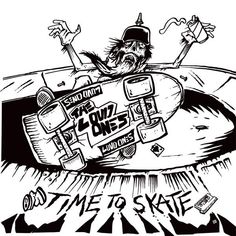 a cartoon drawing of a man riding on top of a skateboard in the air