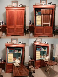 four different views of an old fashioned desk and hutch in various stages of construction