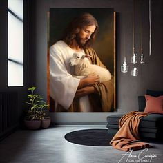 a painting of jesus holding a lamb in a room with dark walls and flooring