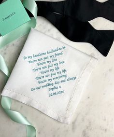 Weddings are a great time to tell someone how much you care. If it's just to say thank you for all you've done or to show off your creative side with an original poem, our message handkerchiefs are sure to have happy tears flowing. * Embroidery colour pictured is Jade. How to Order; - Select thread colour for embroidery. - Add the lettering for personalisation. - Please check that spelling and lettering are typed as you would like them to appear. To shop our full range of luxury personalised gifts, please visit; www.etsy.com/shop/adornedembroidery Details; Linen Men's Handkerchief with Personalised Embroidery 39cm x 39cm Personalised items are made to order, which involves a 3-5 working day production time. Delivery will then be made depending upon the service that you have chosen. Standar Mens Handkerchief, Groom Handkerchief, Personalised Embroidery, Tie Gift Box, Linen Wedding, Handkerchief Men, Personalized Ribbon, Linen Men, Wedding Handkerchief