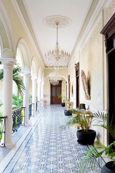 an ornate hallway with chandelier and potted plants on the side walk in front of it