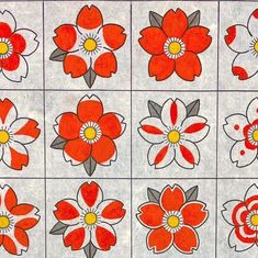 nine red and white flowers with yellow centers on gray paper, arranged in square patterns