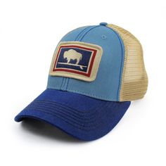 Our new low to medium profile, Everyday Trucker Hat, Structured, Surfing Wyoming Buffalo is now available. Structured hats have not been Salt-washed™ for softness and fading. These hats are more stiff and the colors are brighter. The fit profile is very similar to our popular vintage-style Salt-washed™ trucker hats. Adjustable snap in the back allows for a proper fit and we have color-blocked this style with a mesh color, front panel color and bill color. We think we have designed a hat with a u American Fighter Shirts, Trash Fashion, Surf Hats, Dope Hats, Work Gear, Hat Ideas, Cap Fashion, Big Sky, Cool Hats