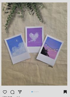 three polaroid pictures are displayed on a sheet of paper with string lights strung across them