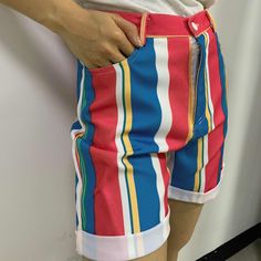 Fashion-loose, Slim, Colorful, Striped Casual Shorts Colorful Casual Bottoms With Pockets, Casual Pants With Colorful Pattern For Spring, Casual Spring Pants With Colorful Pattern, Casual Colorful Patterned Pants For Spring, Casual Colorful Pattern Pants For Spring, Multicolor Pants For Spring, Colorful Casual Summer Pants, Trendy Colorful Bottoms For Spring, Trendy Colorful Spring Bottoms