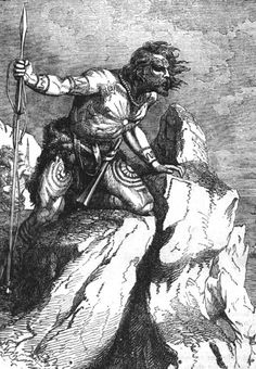 an old illustration of a man standing on top of a mountain with a spear in his hand