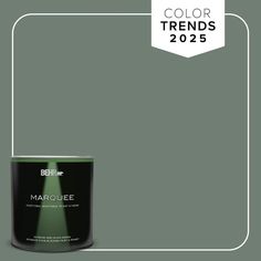 a can of marquee green paint next to a white frame with the words color trend 2055 on it