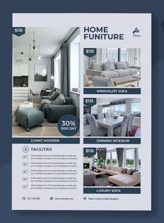 a flyer for a furniture store with photos and text on the front, in dark blue tones