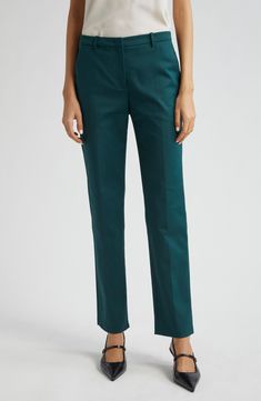 Refresh your wardrobe with straight-leg pants cut from a comfortable stretch-cotton blend. Zip fly with hook-and-bar closure Front slant pockets; back welt pocket 56% cotton, 40% viscose, 4% elastane Dry clean Imported Formal Spring Bottoms With Straight Silhouette, Formal Straight Silhouette Bottoms For Spring, Green Straight Leg Formal Bottoms, Formal Green Straight Leg Bottoms, Fitted Bottoms With Straight Silhouette For Spring, Fitted Straight Bottoms For Workwear, Tailored Straight Office Pants, Tailored Straight Pants For Office, Green Straight Leg Office Pants