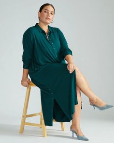 Sally Liquid Jersey Shirt Dress - Forest Green | Universal Standard Sally Shirt, Puffer Vest Fashion, Jersey Shirt Dress, Athleisure Pants, Universal Standard, Weekend Dresses, Standard Dress, Vest Fashion, Button Down Dress