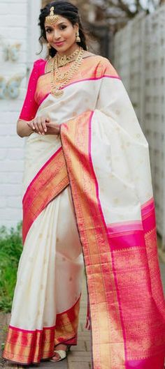 Pink and Majenta, White and Off White color Saree in Litchi Silk, Silk fabric with Weaving work White Pink Saree, Off White Saree, Ethnic Wedding, South Indian Sarees, White Saree, Traditional Saree, Wedding Saree Indian, Bollywood Style, Trendy Sarees