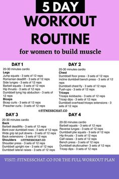 the 5 day workout routine for women to build muscle is shown in purple and black