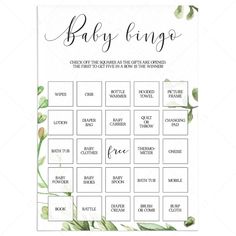 30 prefilled babybingo game cards for gender neutral baby shower party by LittleSizzle Bridal Shower Bingo, Bingo Template, Baby Sprinkle Invitations, Bridal Bingo, Chic Baby Shower, Bingo Cards Printable, Green Baby Shower, Baby Bingo, Baby Shower Bingo