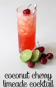 a drink with cherries, lime and a straw