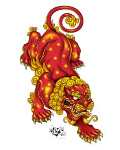 a red and yellow dragon with swirls on it's tail, standing in the air