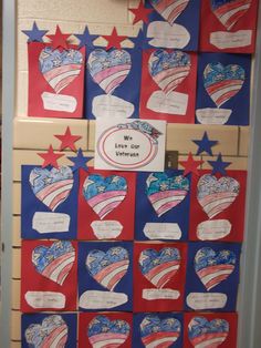 an american flag bulletin board with hearts and stars in the shape of usa's flag