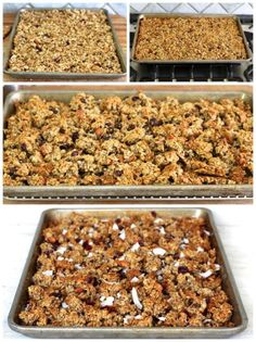 four different stages of making an oatmeal and raisin crumbled dessert