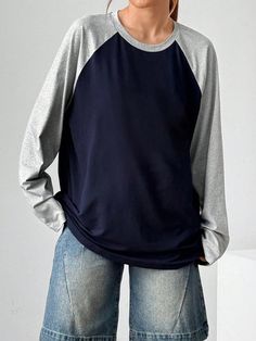 Raglan Sleeve Color Block Casual Loose Fit Long Sleeve T-Shirt Graphic Tees Women Tops For Spring Outfit Navy Blue Casual  Long Sleeve Fabric Colorblock  Medium Stretch  Women Clothing, size features are:Bust: ,Length: ,Sleeve Length: Casual Tops With Contrast Color And Crew Neck, Casual Crew Neck Top With Contrast Color, Casual Raglan Sleeve Tops With Contrast Color, Casual Gray Tops With Contrast Color, Casual Gray Top With Contrast Color, Cotton Crew Neck Top With Contrast Color, Casual Long Sleeve Shirt With Contrast Color, Casual Color Block T-shirt With Raglan Sleeves, Gray Long Sleeve Tops With Contrast Color