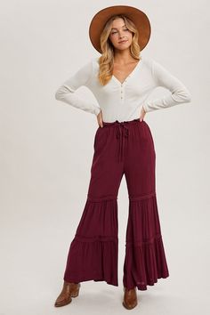 Burgundy Drawstring Waist Tiered Palazzo Pants Bohemian High-waisted Wide Leg Pants For Fall, Bohemian Bottoms With Elastic Waistband For Fall, Bohemian Style Bottoms With Elastic Waistband For Fall, Bohemian Wide Leg Pants For Fall Loungewear, Bohemian Stretch Wide Leg Pants For Fall