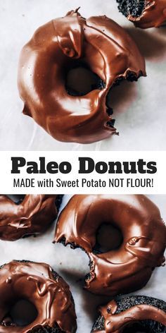 chocolate donuts with melted chocolate frosting on top and the words paleo doughnuts made with sweet potato not flour