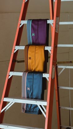 several different colored ties are hanging on a ladder