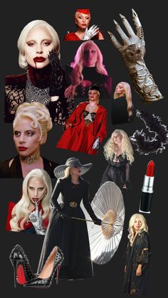 a collage of women in black and red with different hair colors, makeup and accessories