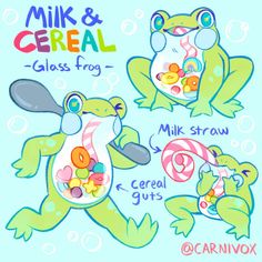 a cartoon frog with candy and cereal on it's chest